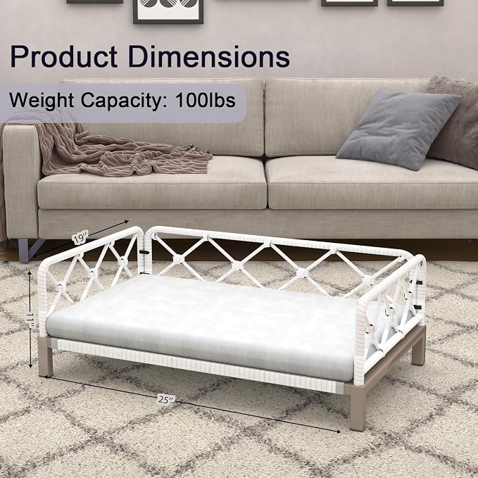 Dog Sofa Bed, Elevated Dog Couch with Washable Removable Gray Cushion, Rattan White Wicker Orthopedic Raised Pet Sofa for Outdoor, Indoor