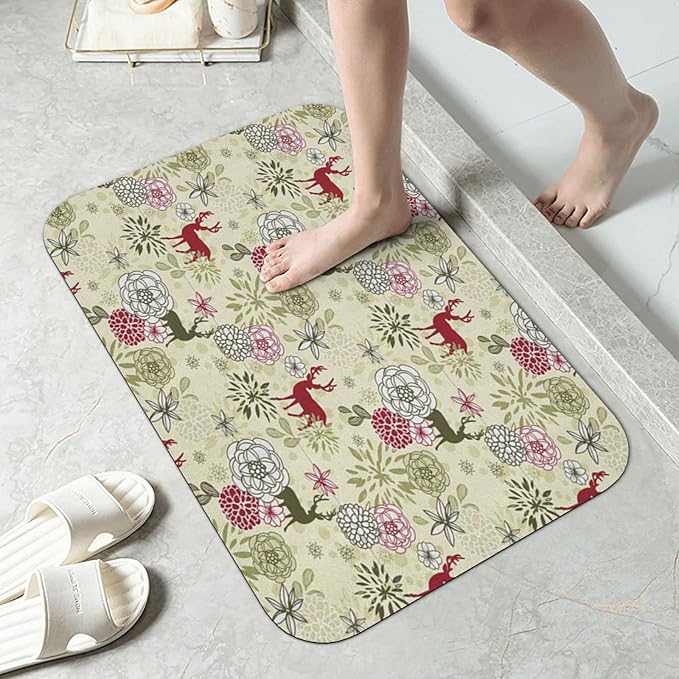 Rubber Non Slip Mat, Winter Kitchen Door Mat, Deer with Blossoming Flowers Abstract Christmas, 23.6" W x 15.7" L, Soft and Non Slip for Elderly and Children,Pale Green Olive Green Ruby