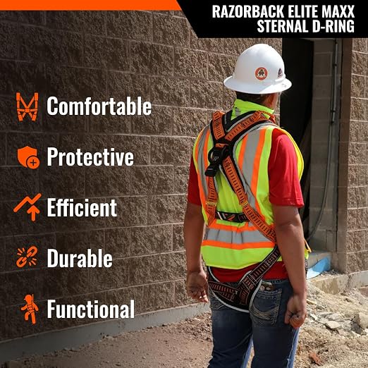 Razorback Elite MAXX - Safety Harness and Fall Protection Kit with Sewn in Lumbar Support Belt and Built-in Rescue Handles for Fall Arrest, OSHA & ANSI Compliant (Small-Medium)