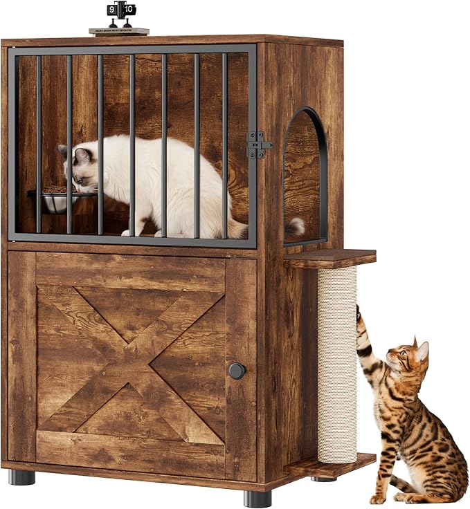 Dog Proof Cat Feeding Station, Dog Proof Cat Feeder, Cat Food Table,Vintage | Cat Feeding Station with Scratching Post, Elevated Food Bowls with Stand, Cat Tree with Food Storage, Cat House