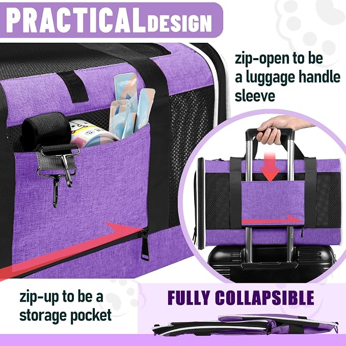 GAPZER Large Cat Carrier Soft, Collapsible Travel Pet Carry Bag, Small Dogs | Large Cats up to 20 lbs+ Maine Coon, Top Load Transport Small Puppy Dog Crate, Chihuahua Mini Dog 10lbs, Sturdy Fabric Pueple