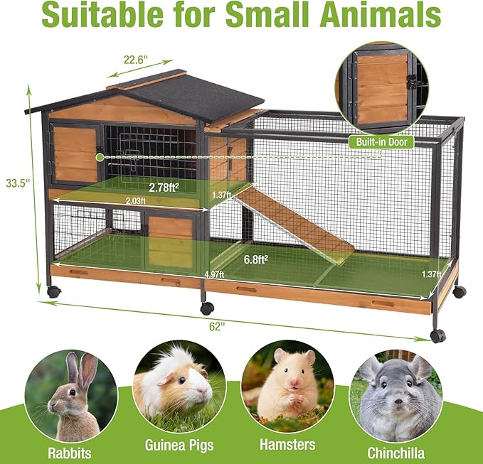 Rabbit Hutch 2-Story Wooden Rabbit Cage with Sturdy Metal Frame, Mobile Bunny Hutch with Wheels and 3 Pull Out Trays, Waterproof Guinea Pig Cages for Small Animals Indoor Outdoor (Orange)