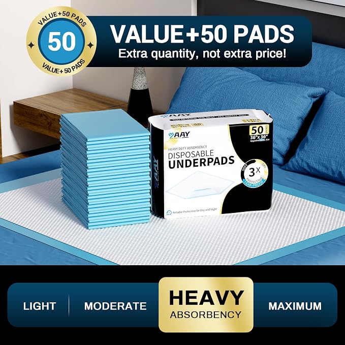AAY Disposable Bed Pads 36" x 36" (50 Count) , Extra Large Heavy Duty Incontinence Underpads, Super Absorbent 3XL Chucks Pee Pads for Adults, Kids, Pets, Puppy Training