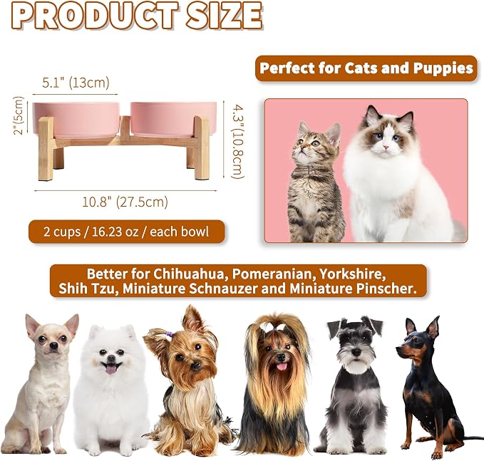 Elevated Ceramic Dog Bowl, 2 Cups Dog Food and Water Bowl Set with Stand | 5.1'' Double Dog Feeding Dishes, Non-Slip Raised Dog Feeder for Cats and Puppies, 16.23 OZ / 480 ML, White