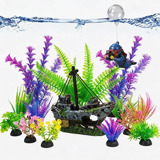 Ameliade Fish Tank Decor Set with Shipwreck Decoration, Little Diver Floating & 13 Aquatic Artificial Plants - Betta Plants & Hiding Spots for Aquariums and Small Fish Tank Accessories