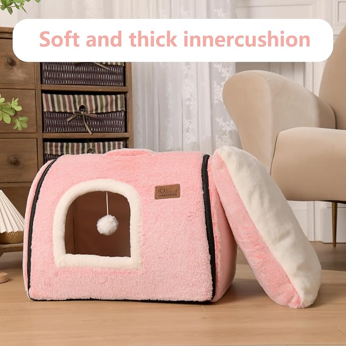 cat Bed cave-cat beds for Indoor Cats,Soft and Comfortable Cute cat Bed，cat House,with Removable Washable Cushioned Pillow,Enclosed pet Bed,Kitty pet hut、Hideaway,Small Large Dog Tent (Pink)