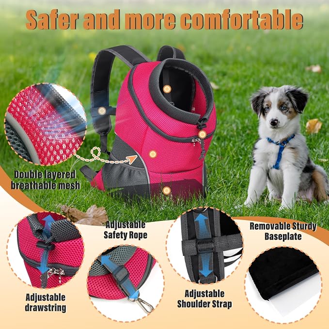 YUDODO Dog Front Carrier Backpack, Adjustable Breathable Dog Backpack | Ventilated, Safety Belt, Lightweight, Reflective Strip, Pocket Storage, For Walking Hiking Outdoor, Rose, M