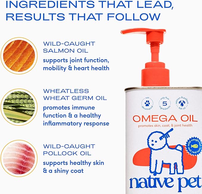 Native Pet Omega 3 Fish Oil for Dogs & Cats – Wild Alaskan Salmon Oil for Dogs Skin and Coat, Supports Joints, Heart & Shedding – Fast-Absorbing Omega 3 6 9 Liquid Supplement – 16oz
