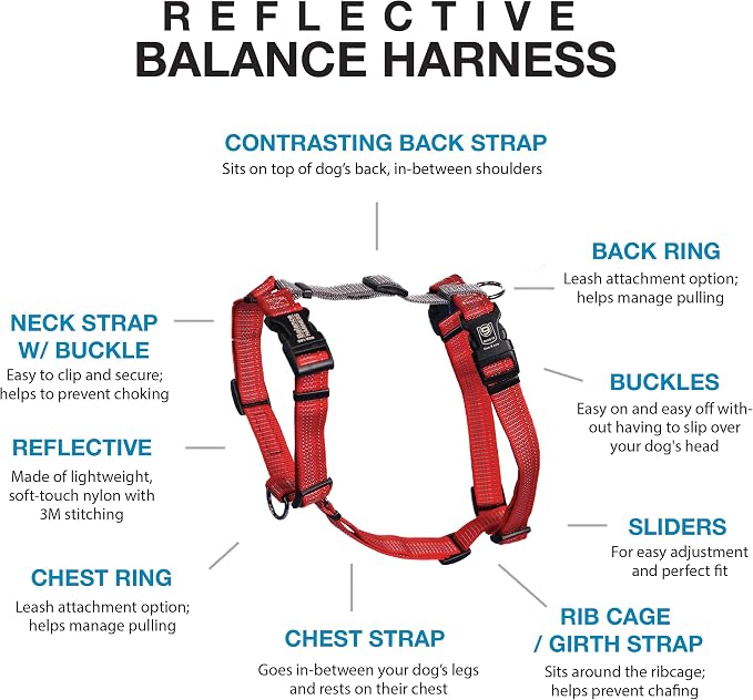 Blue-9 Reflective Buckle-Neck Balance Harness, Fully Customizable Fit No-Pull Harness with 3M Reflective Stitching, Ideal for Dog Training and Obedience, Made in The USA, Red, Medium