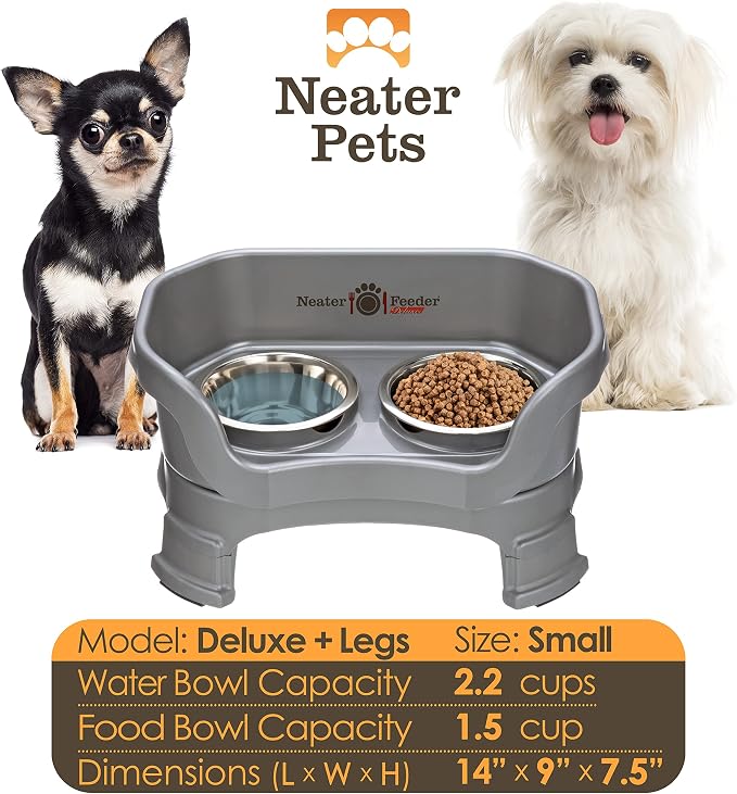 Neater Feeder Deluxe Mess-Proof Elevated Dog Bowls for Small Dogs (Up to 19 lbs), 2 Height Adjustable (6” & 7.5”) No-Spill Raised Dog Bowl Stand, Stainless Steel Food Bowl Set, Made in USA, Gunmetal