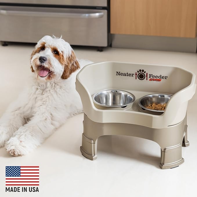 Neater Feeder Deluxe Mess-Proof Elevated Dog Bowls for Medium Dogs (19–40 lbs), 2 Height Adjustable (10” & 12.5”) No-Spill Raised Dog Bowl Stand, Stainless Steel Food Bowl Set, Made in USA, Cappuccino