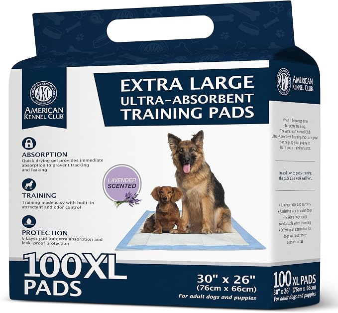 AKC Dog Training Pads, XL 30" x 26", Lavender Scent, XL, 100 Count | Scented dog pee pads help control odors with ultra absorbent quick-dry gel, leakproof layers and potty training protection.