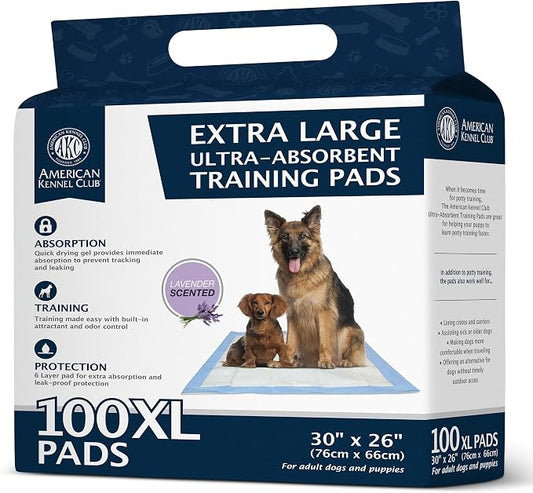 AKC Dog Training Pads, XL 30" x 26", Lavender Scent, XL, 100 Count | Scented dog pee pads help control odors with ultra absorbent quick-dry gel, leakproof layers and potty training protection.