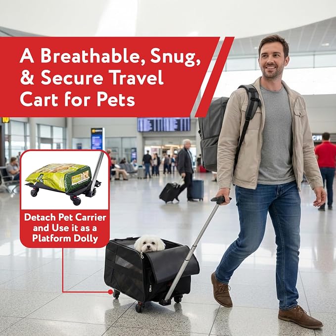 dbest products Rolling Pet Carrier with Wheels Airline Approved - TSA Dog Cat Carrier for Airplane Travel - Wheeled Pet Carrier 18x12x20 for Pets up to 24lbs - Collapsible Travel Bag