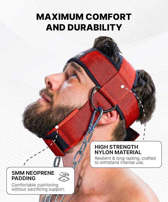 DMoose Fitness Neck Harness for Weight Lifting - Soft Padded Head & Chin Strap with 30" Heavy Duty Steel Chain - Neck Exerciser, Trainer & Strengthener to Support Injury Recovery and Intense Workouts