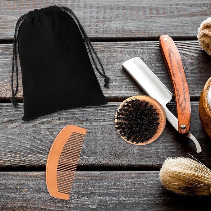 10 Sets Men's Beard Grooming Kit: Natural Boar Bristle Brush, Pear Wood Dual-Sided Wide Tooth Comb, Travel Pouch - Perfect Valentine Gift (Circle) | Natural Boar Bristle Brush, Pear Wood Dual -Sided Wide Tooth Comb, with Travel Pouch - Christmas Father...