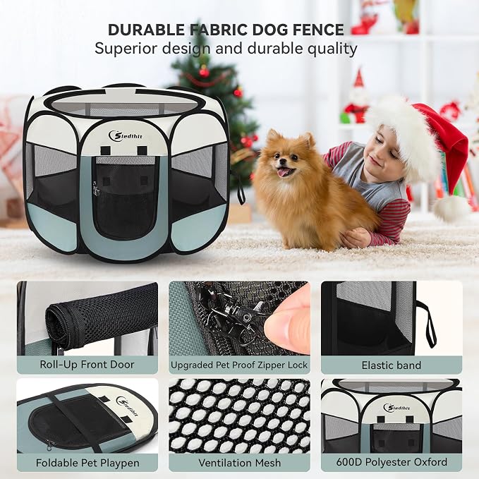 Siedihit Dog Playpen, Puppy Pet Playpen, Medium Dogs Tent Crates Cage Indoor/Outdoor, Portable Pop Up Dog Kennel Playpen with Carrying Case for Dogs/Cats/Rabbits, Removable Zipper Top, Grey