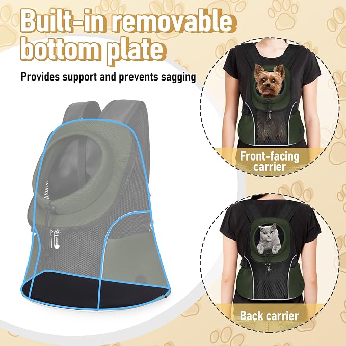 WOYYHO Pet Dog Carrier Backpack, Ventilated Mesh Small Dog Front Backpack | Breathable Puppy Back Pack, with Safety Belt, Storage Pockets, for Travel Hiking Cycling Outdoor Adventures, Army Green, L