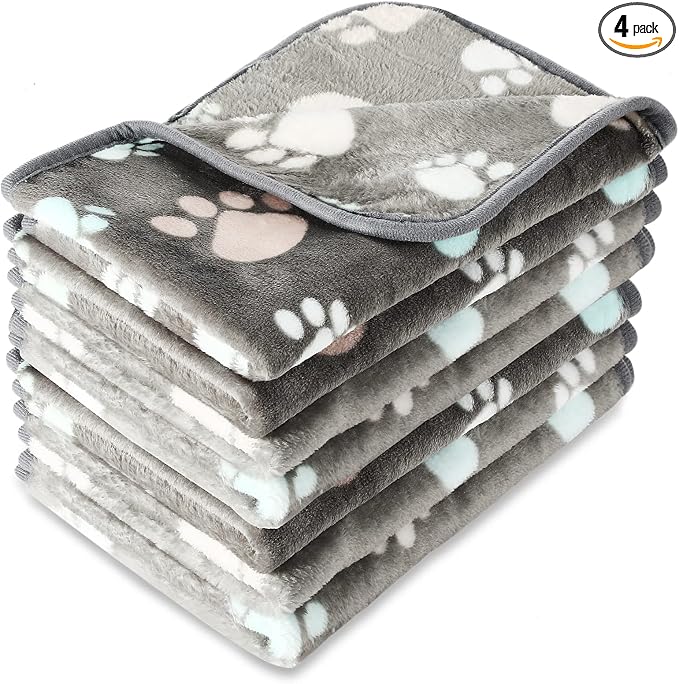 Tatuo 4 Pack Fleece Dog Blankets for Puppy Cats Multi-Size Sleep Mat for Pet Guinea Pig Soft Washable Warm Crate Bed Puppy Teething Toys Print Pattern Blanket Indoor(Dark Gray,41 x 30 Inch,Paw)