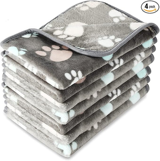 Tatuo 4 Pack Fleece Dog Blankets for Puppy Cats Multi-Size Sleep Mat for Pet Guinea Pig Soft Washable Warm Crate Bed Puppy Teething Toys Print Pattern Blanket Indoor(Dark Gray,41 x 30 Inch,Paw)