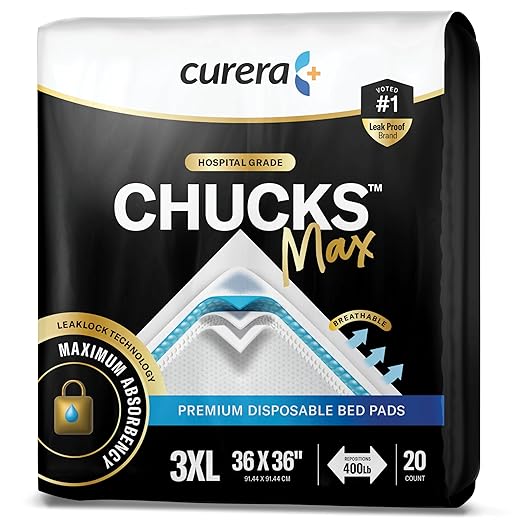 Chucks® MAX Hospital Bed Pads Disposable Adult 36 x 36 Breathable Incontinence Pads - XXX-Large Pee Pads for Adults - Heavy Duty 10X Absorbency Underpads - 400 Lbs. Patient Repositioning [20 Count] | Breathable Incontinence XXXL Large Pee Pads for Adul...