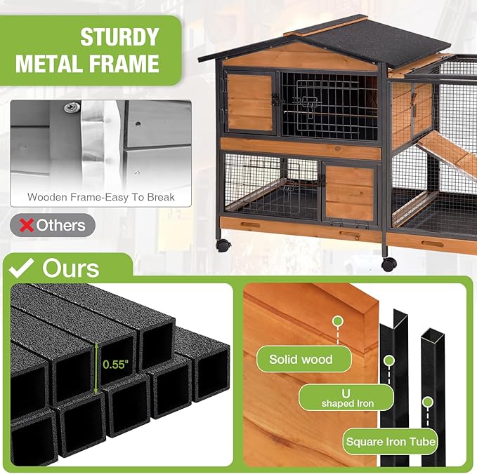 Large Rabbit Hutch Indoor Outdoor, Wooden Rabbit Cage with Chewproof Metal Frame, 62'' Mobile Bunny Cage with Wheels, Pull-Out Tray, Waterproof Roof, Guinea Pig Habitat (Orange)