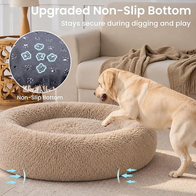 JOLLYVOGUE Calming Dog Beds Extra Large Sized Dog, 45in Donut Washable Large Pet Bed, Anti-Slip & Anti-Anxiety Fluffy Faux Fur Round Dogs Bed, Fits up to 125 lbs Pets (Camel)