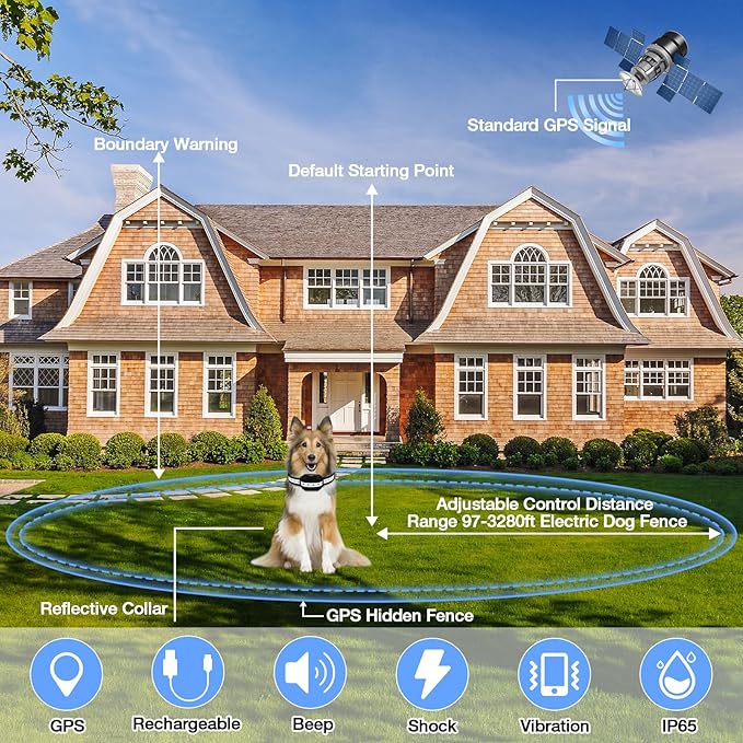 GPS Wireless Dog Fence for Medium Large Dogs, 2nd Gen Upgraded Electric Fence System with Enhanced Signal, 3 Training Modes, Range 97-3280ft Waterproof Fence Collar for Outdoor Use Only