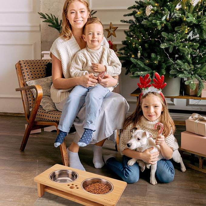 HTB Elevated Dog Bowl Stand with 2 Stainless Steel Bowls-4" H Small Bamboo | Raised Dog Bowl Stand, 4"tall, 21 Oz Bowls, for Small Sized Dogs, Pet-safe, Solid Bamboo