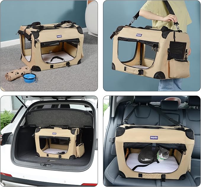 Petprsco Portable Collapsible Dog Crate, 24" Soft Dog Crate for Car Travel | Includes Mat, Blanket & Bowl, Strong Fabric, 4-sided Mesh Vents, 3 Doors, Fit Small Dogs & Large Cats Indoor and Outdoor Use
