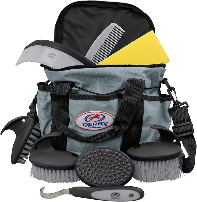 Derby Originals 9Piece Horse Grooming Set with Matching Nylon Carry Bag - Available in 8 Fun Colors, Grey & Black