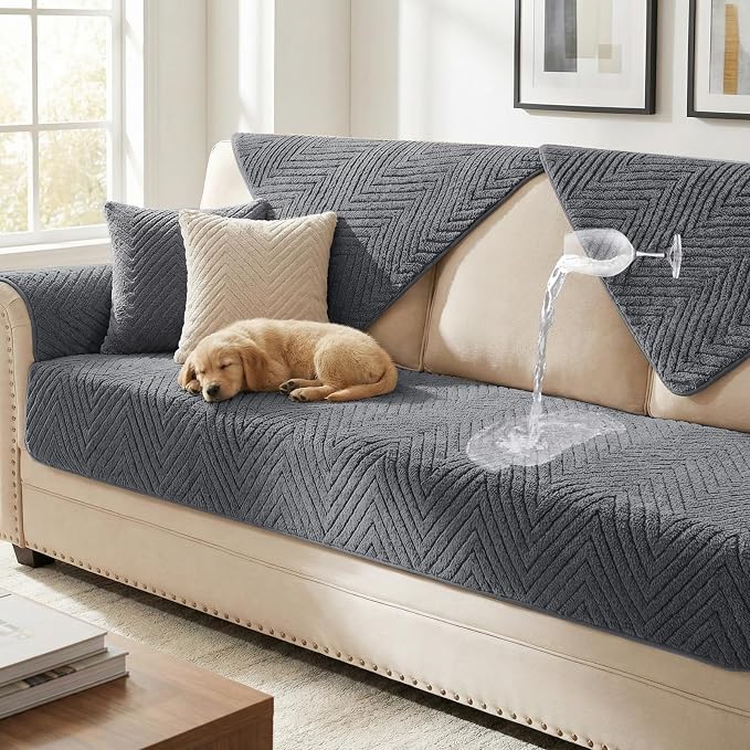 Turquoize Waterproof Couch Cover for Dogs Fuzzy Pet Couch Covers for Sofa Thick Dog Bed Cover Non-Slip Sofa Covers for 3 Cushion Couch Protector Slipcover Pet Friendly (Grey, 36" x 63")