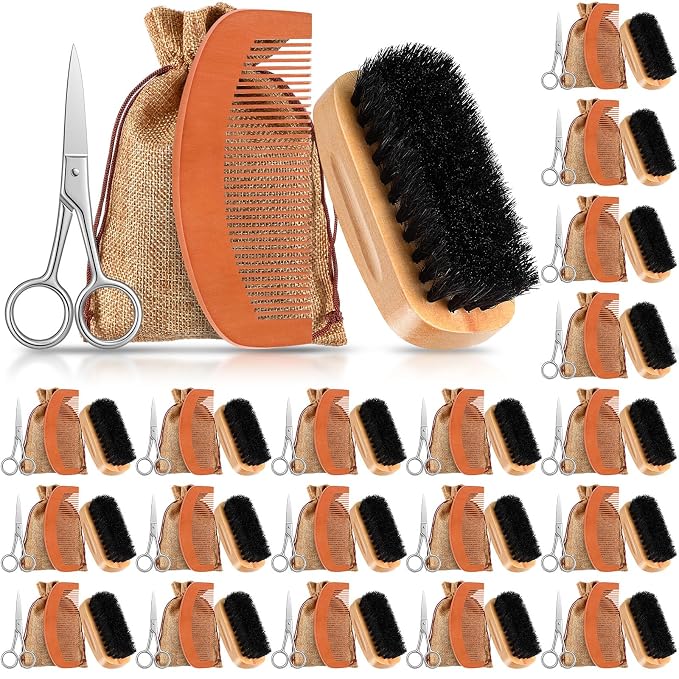 Zubebe 20 Sets Beard Brush and Comb Set for Men Fathers Day Dad Gifts, Boar Bristle Brush, Wood Mustache Comb and Beard Trimming Scissors with Travel Pouch, Mustache Grooming Care Kit for Grandpa Gift