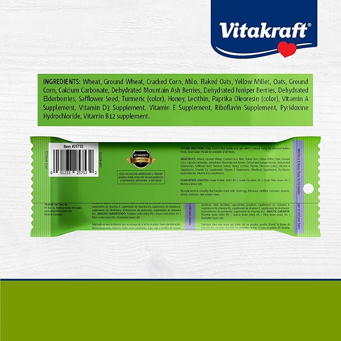 Vitakraft Crunch Sticks Rabbit Treat Wild Berry and Honey Flavor with Natural Grains and Honey Enriched with Essential Nutrients Baked on Wooden Stick to Encourage Chewing and Long Lasting Enjoyment