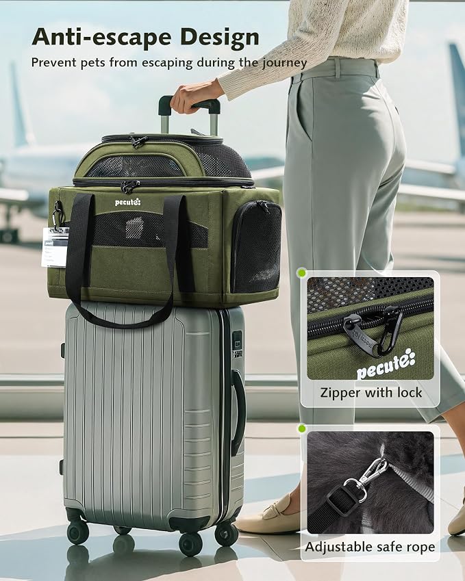 Pecute Top Expandable Airline Approved Pet Carrier for Cats, Dark Gray | Top side expandable, breathable scratch-resistant mesh, leakproof pee pad, locking zippers, foldable travel bag under 11lbs.