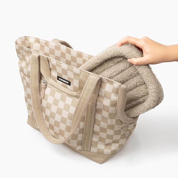 Transit Tote Dog Carrier 4-Piece Set - Premium Lightweight Pet Travel Bag with Plush Teddy Insert, Food Pouch, Air Mesh Opening, Water-Resistant Base & Safety Tether - Medium Checkerboard