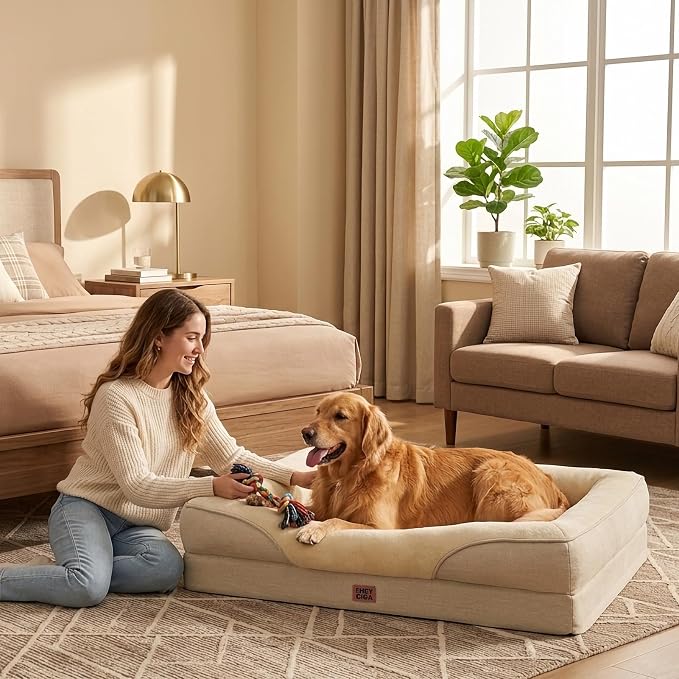 EHEYCIGA Orthopedic XL Dog Bed for Large Sized Dog, 42x30 Inch Extra Large Memory Foam Dog Couch Bed with Sides, Waterproof Liner & Washable Removable Cover, Bolster Pet Sofa, Beige