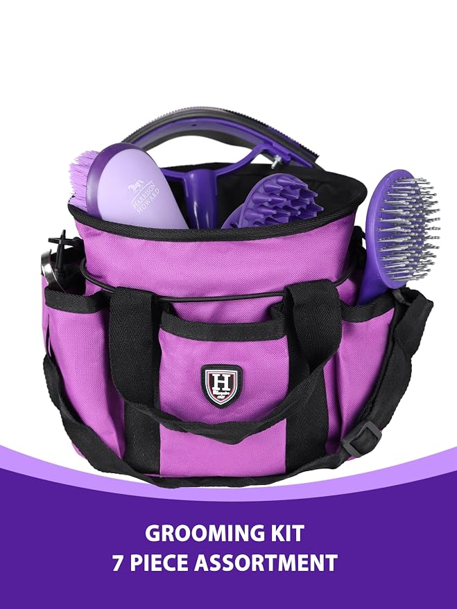 Harrison Howard Horse Grooming Brushes Kit 7 pieces with Organizer Tot Equine Care Series Horse Brush Sets New Purple