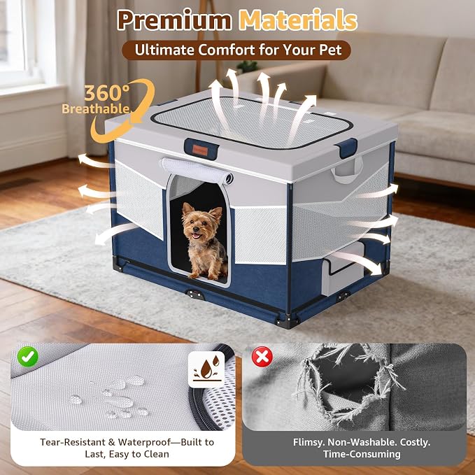 LOOBANI Small Dog Playpen, 32"x24"x22", Foldable & Portable, Blue | Puppy Cat Playpen Indoor, with Sturdy Steel Frame, Travel Dog Crate with Carry Bag, Removable Washable 690D Fabric Cover