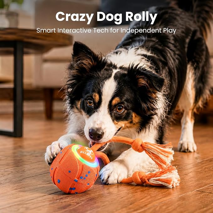 Smart Interactive Dog Toys, 3 Modes Automatic Rolling Ball, Chase Pet Toy with Rope & Barking Sound, Chew Resistant E-TPU, IPX7 Waterproof Rechargeable Ball for Medium Large Dogs, Orange