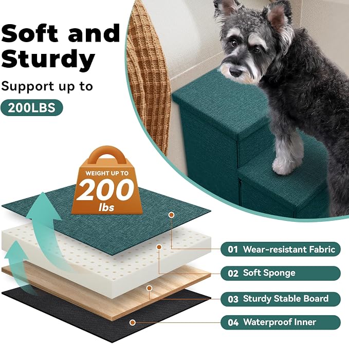Zerbuger Dog Stairs with Storage, Dark Green 3 Steps Dog Ramp no Condo | 18" H Wider Dog Steps for High Beds Couch, Folding Storage Pet Stairs Gift for Climbing Small/Medium/Large Old Dogs Cats