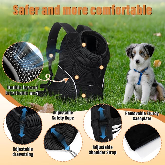YUDODO Dog Front Carrier Backpack, Adjustable Breathable Dog Backpack | Ventilated, Safety Belt, Lightweight, Reflective Strip, Pocket Storage, For Walking Hiking Outdoor, Jet Black, M