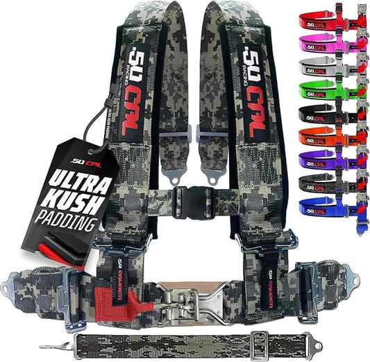 1pc 50 Cal Camo 5 Point Harness w/ 2" straps, Racing Harness Seat Belt | Ultra Kush padding, Race latch quick release hardware. Universal Fit for UTV, RZR, race car. Part# 6009A7