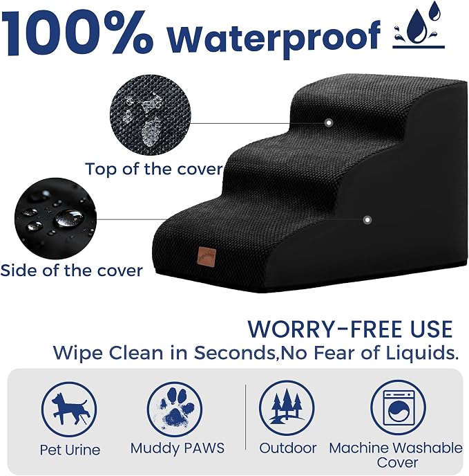 GoGoBunny Ramp Dog Stairs for Couch Sofa and Chair 15.7" H, 3-Step Pet Steps for Small Dogs and Cats, Non-Slip Waterproof Fabric Cover, Stable and Balanced Indoor Step, Pets Friendly, Black
