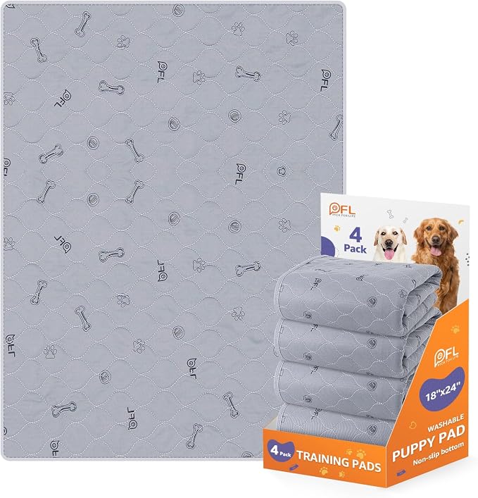 Washable Dog Pee Pads for Puppy, Non-Slip,Waterproof,4 Pack 18x24, Gray | Reusable, Absorbent,Machine Washable Puppy Pads for Whelping, Potty Training, Playpens, Senior Dog Incontinence,Housebreaking