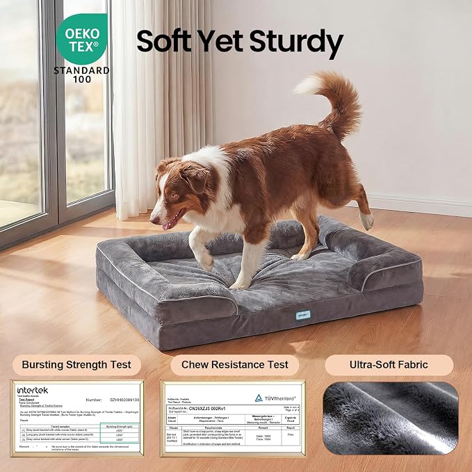 OhGeni Orthopedic Medium Large Dog Bed Sofa, Memory Foam, 35-inch (Gray) | Waterproof Pet Bed with Machine-Washable Removable Cover & Soft Comfortable Fabric