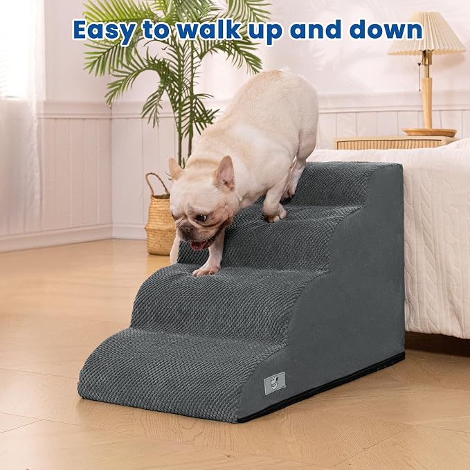 Dog Steps for Bed 17.7" H, 4-Step Pet Stairs Ramp for Small & Medium Dogs | Airpanda Dog Stairs with Washable Cover & High-Density Foam,Gentle Curved Design,Ideal for Senior & Short-Legged Dogs,Grey
