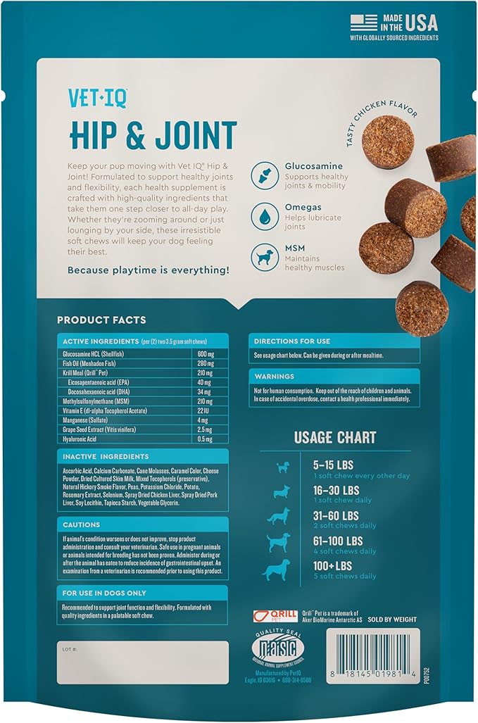 VetIQ Glucosamine Hip & Joint Supplement for Dogs, 60 Soft Chews, Joint Support Supplement with MSM and Krill, Dog Health Supplies Large & Small Breed, Chicken Flavored Chewables