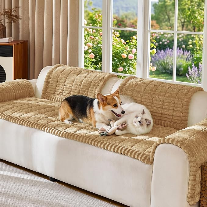 FUANGUI Waterproof Couch Cover Sofa Cover for Dogs and Pets Sofa Protector | Non-Slip Washable Fuzzy Soft Cat Bed Sofa Slipcover for 2-3 Cushion Couch Sofa Pet Friendly, Camel, 27.6" x 70.9", 1 pcs