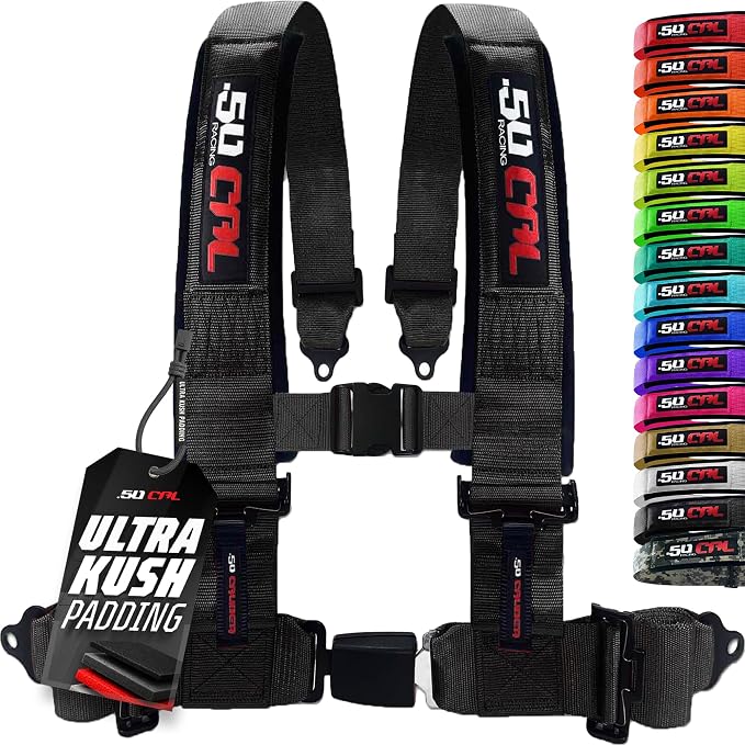 1pc 50 Cal Black 4 Point Harness 2in Straps, Racing Harness Seat Belt | Ultra Kush padding, Push Button quick release hardware. Universal Fit for UTV, RZR, race car.